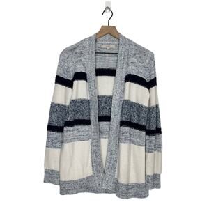 LOFT Cardigan Sweater Women's Size Small Blue Marled Striped Knit Open Front